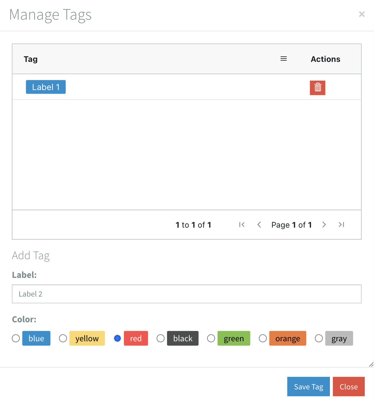 Manage Tags popup