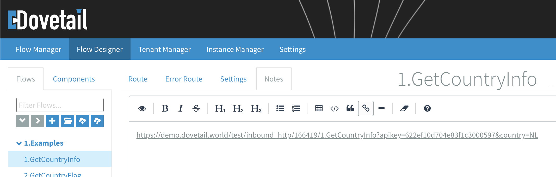 Start this Example with the URL in the Flow Notes